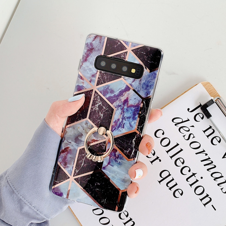 

For Galaxy S10e Plating Colorful Geometric Pattern Mosaic Marble TPU Mobile Phone Case Rhinestone Stand Ring(Black PR6)