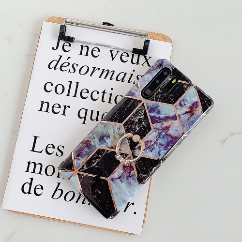 

For Huawei P30 Pro Plating Colorful Geometric Pattern Mosaic Marble TPU Mobile Phone Case Rhinestone Stand Ring(Black PR6)