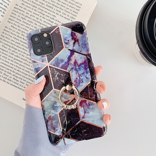 

For iPhone 11 Pro Plating Colorful Geometric Pattern Mosaic Marble TPU Mobile Phone Case Rhinestone Stand Ring(Black PR6)