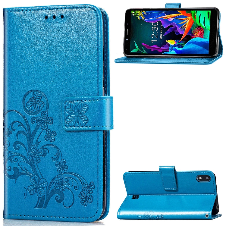 

For LG K20 2019 Four-leaf Clasp Embossed Buckle Mobile Phone Protection Leather Case with Lanyard & Card Slot & Wallet & Bracket Function(Blue)
