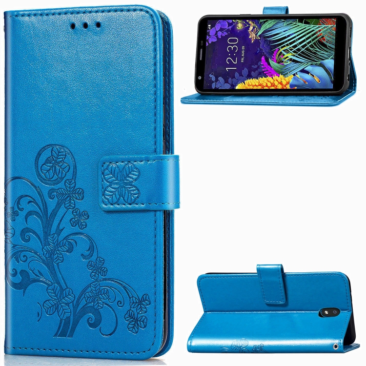 

For LG K30 2019 Four-leaf Clasp Embossed Buckle Mobile Phone Protection Leather Case with Lanyard & Card Slot & Wallet & Bracket Function(Blue)