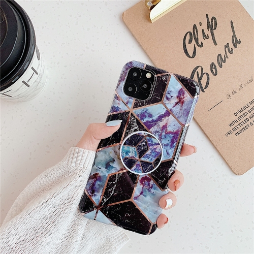 

For iPhone 11 Plating Colorful Geometric Pattern Mosaic Marble TPU Mobile Phone Case with Folding Bracket(Black PF6)