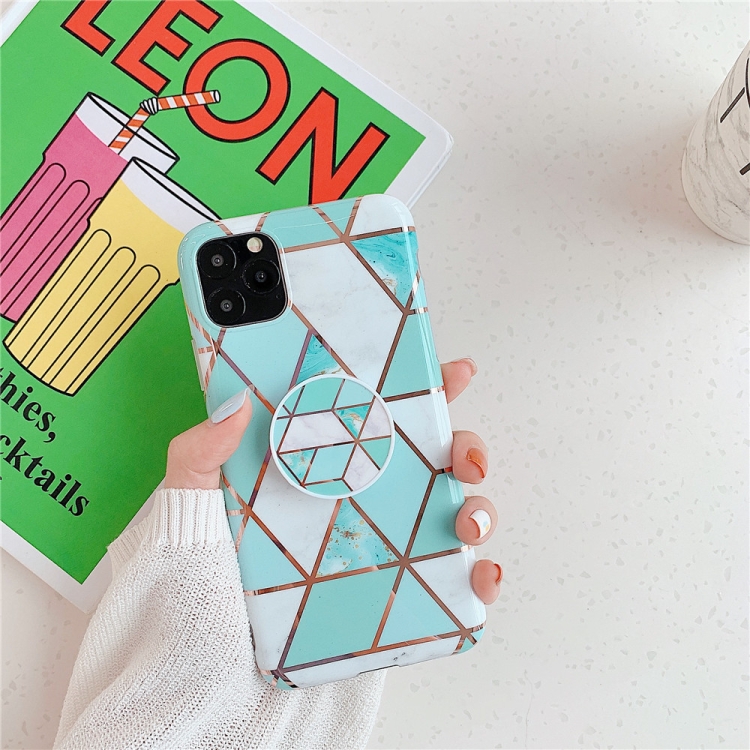 

For iPhone 11 Pro Plating Colorful Geometric Pattern Mosaic Marble TPU Mobile Phone Case with Folding Bracket(Green PF2)