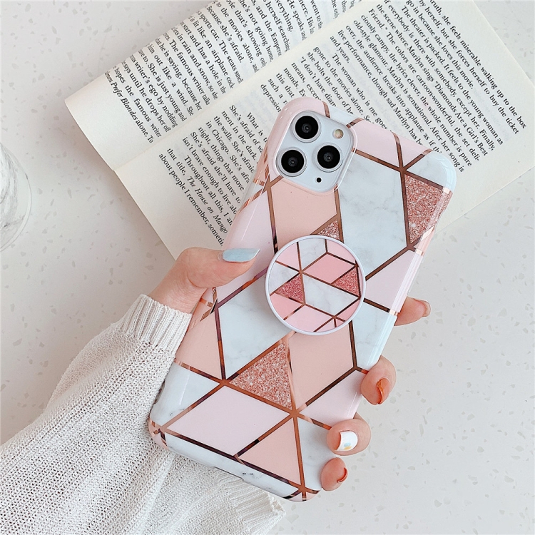 

For iPhone 11 Pro Max Plating Colorful Geometric Pattern Mosaic Marble TPU Mobile Phone Case with Folding Bracket(Pink PF1)
