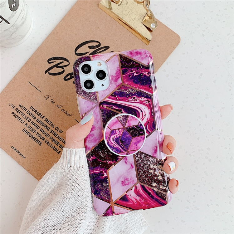 

For iPhone 11 Pro Max Plating Colorful Geometric Pattern Mosaic Marble TPU Mobile Phone Case with Folding Bracket(Magenta PF5)