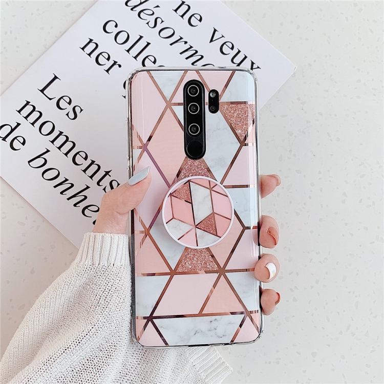 

For Xiaomi Redmi Note 8 Pro Plating Colorful Geometric Pattern Mosaic Marble TPU Mobile Phone Case with Folding Bracket(Pink PF1)