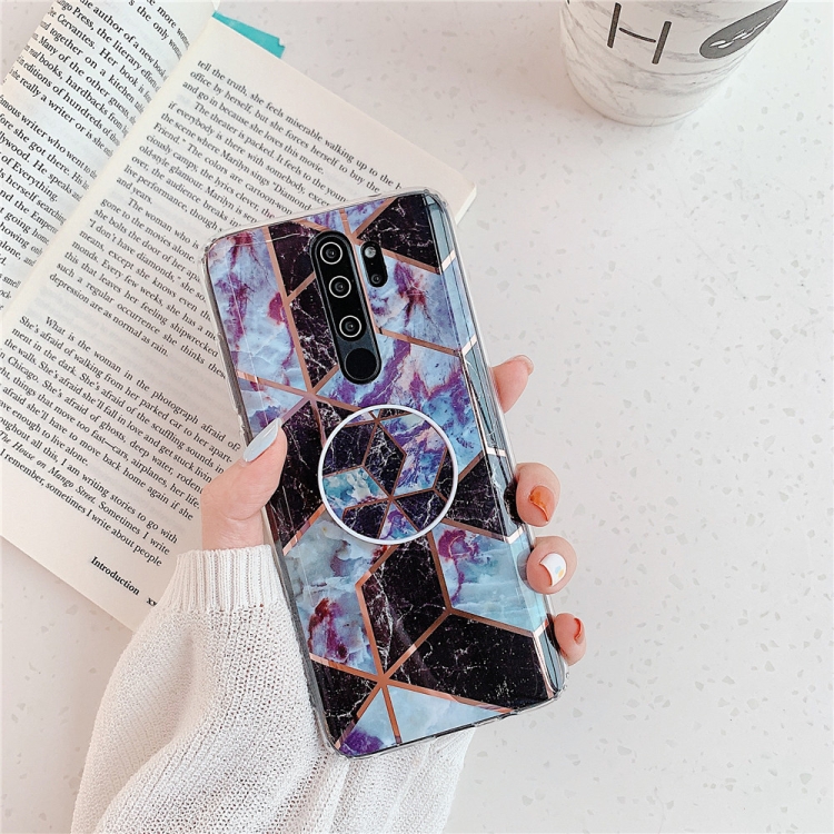 

For Xiaomi Redmi Note 8 Pro Plating Colorful Geometric Pattern Mosaic Marble TPU Mobile Phone Case with Folding Bracket(Black PF6)