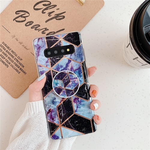 

For Galaxy S10 Plating Colorful Geometric Pattern Mosaic Marble TPU Mobile Phone Case with Folding Bracket(Black PF6)