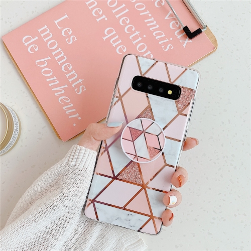 

For Galaxy S10 Plus Plating Colorful Geometric Pattern Mosaic Marble TPU Mobile Phone Case with Folding Bracket(Pink PF1)