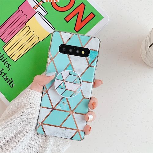 

For Galaxy S10 Plus Plating Colorful Geometric Pattern Mosaic Marble TPU Mobile Phone Case with Folding Bracket(Green PF2)