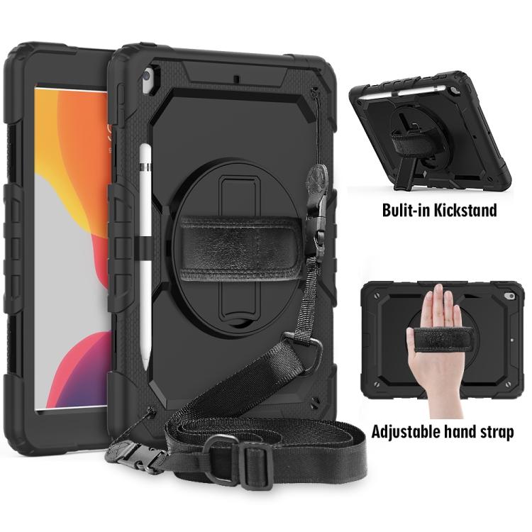 

For iPad 10.2 Shockproof Colorful Silica Gel + PC Protective Case with Holder & Shoulder Strap & Hand Strap & Pen Slot(Black)