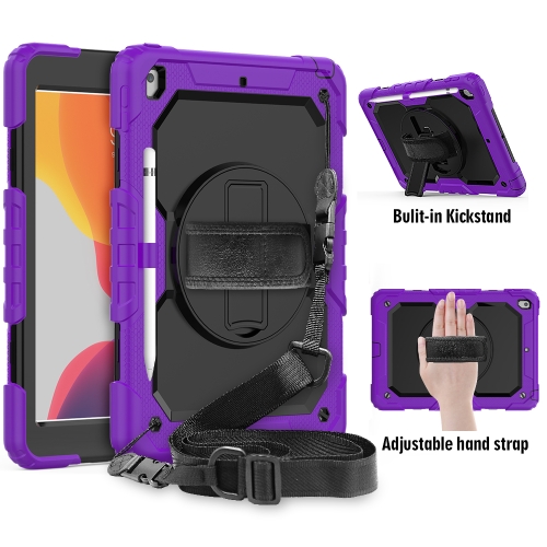 

For iPad 10.2 Shockproof Colorful Silica Gel + PC Protective Case with Holder & Shoulder Strap & Hand Strap & Pen Slot(Purple)