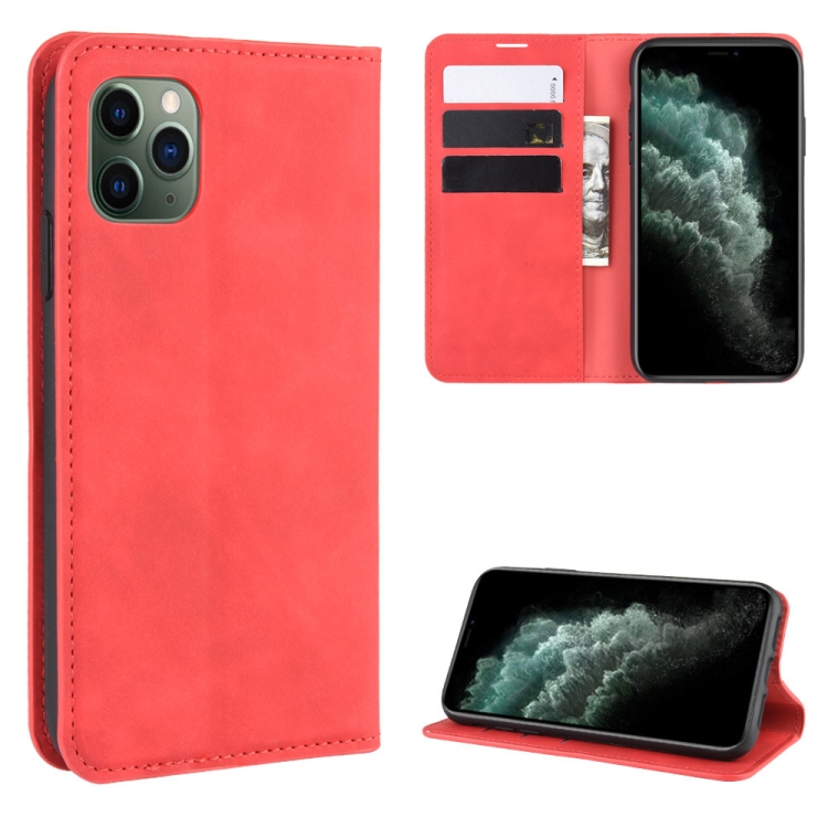 

For iPhone 11 Pro Max Retro-skin Business Magnetic Suction Leather Case with Purse-Bracket-Chuck(Red)