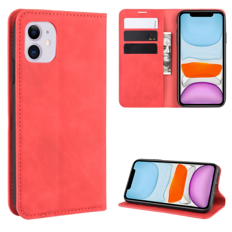 

For iPhone 11 Retro-skin Business Magnetic Suction Leather Case with Purse-Bracket-Chuck(Red)