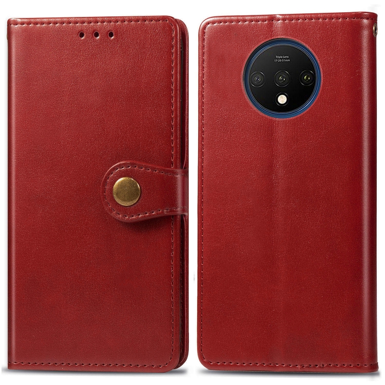 

For One Plus 7T Retro Solid Color Leather Buckle Mobile Phone Protection Leather Case with Photo Frame & Card Slot & Wallet & Bracket Function(Red)