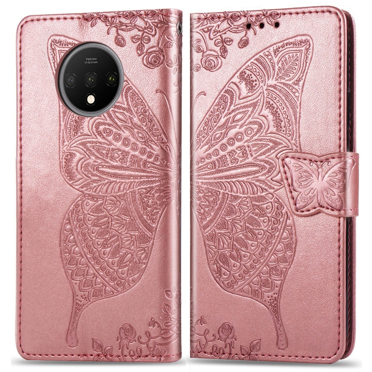 

For OnePlus 7T Butterfly Love Flowers Embossing Horizontal Flip Leather Case with Holder & Card Slots & Wallet & Lanyard(Rose Gold)