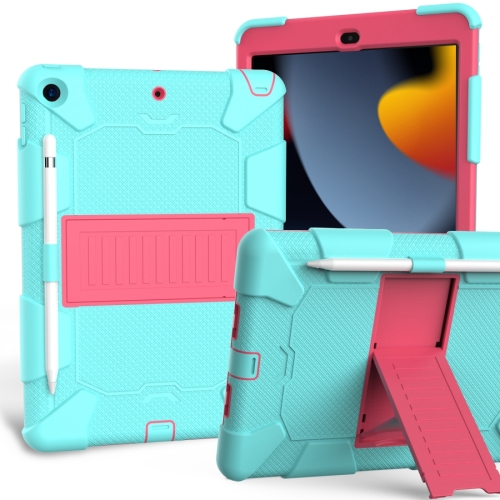 

For iPad 10.2 Shockproof Two-Color Silicone Protection Case with Holder & Pen Slot(TeaL+Hot Pink)