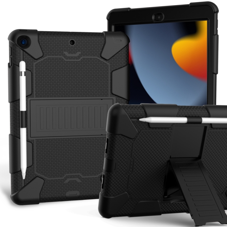 

For iPad 10.2 Shockproof Two-Color Silicone Protection Case with Holder & Pen Slot(Black)