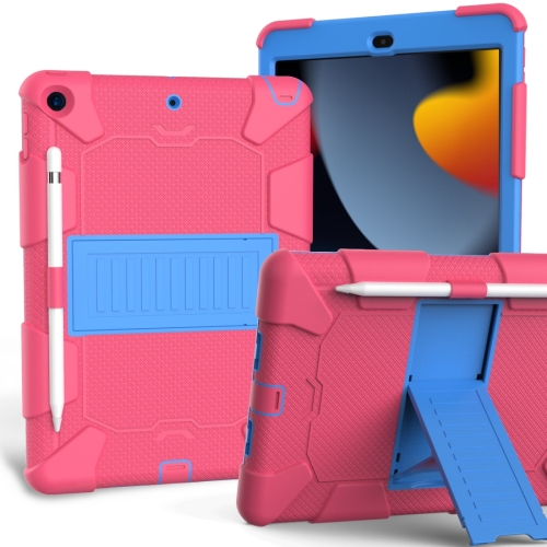 

For iPad 10.2 Shockproof Two-Color Silicone Protection Case with Holder & Pen Slot(Hot Pink+Blue)