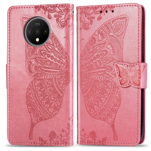 

For One Plus 7T Butterfly Love Flower Embossed Horizontal Flip Leather Case with Bracket Lanyard Card Slot Wallet(Pink)