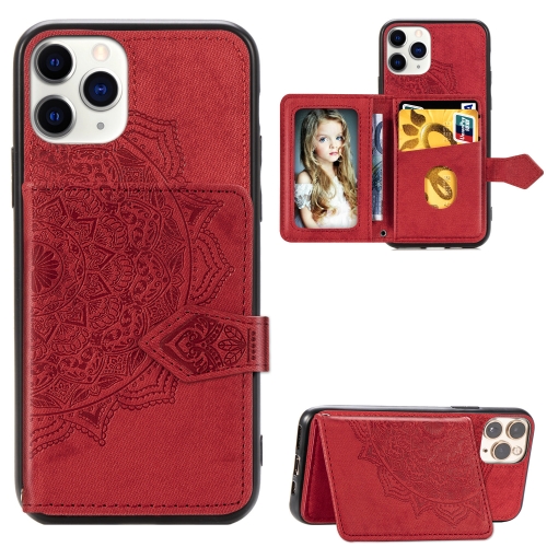 

For iPhone 11 Pro Max Mandala Embossed Cloth Card Case Mobile Phone Case with Magnetic and Bracket Function with Card Bag / Wallet / Photo Frame Function with Hand Strap(Red)