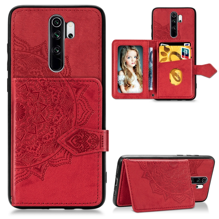 

For Xiaomi Redmi Note 8 Pro Mandala Embossed Cloth Card Case Mobile Phone Case with Magnetic and Bracket Function with Card Bag / Wallet / Photo Frame Function with Hand Strap(Red)