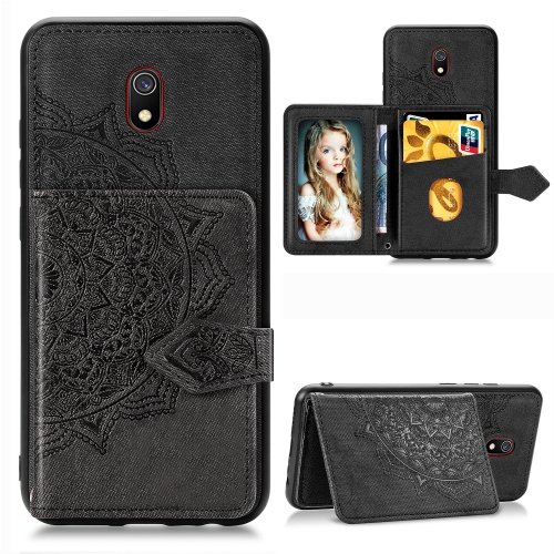 

For Xiaomi Redmi 8A Mandala Embossed Cloth Card Case Mobile Phone Case with Magnetic and Bracket Function with Card Bag / Wallet / Photo Frame Function with Hand Strap(Black)