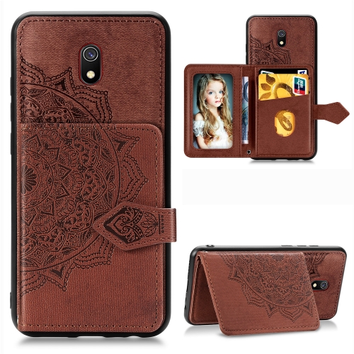 

For Xiaomi Redmi 8A Mandala Embossed Cloth Card Case Mobile Phone Case with Magnetic and Bracket Function with Card Bag / Wallet / Photo Frame Function with Hand Strap(Brown)