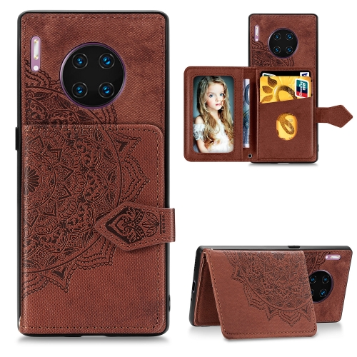 

For Huawei Mate 30 Pro Mandala Embossed Cloth Card Case Mobile Phone Case with Magnetic and Bracket Function with Card Bag / Wallet / Photo Frame Function with Hand Strap(Brown)