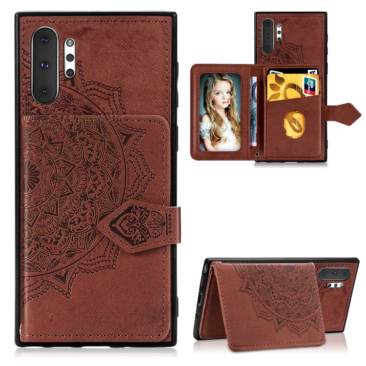 

For Galaxy Note 10 Pro Mandala Embossed Cloth Card Case Mobile Phone Case with Magnetic and Bracket Function with Card Bag / Wallet / Photo Frame Function with Hand Strap(Brown)