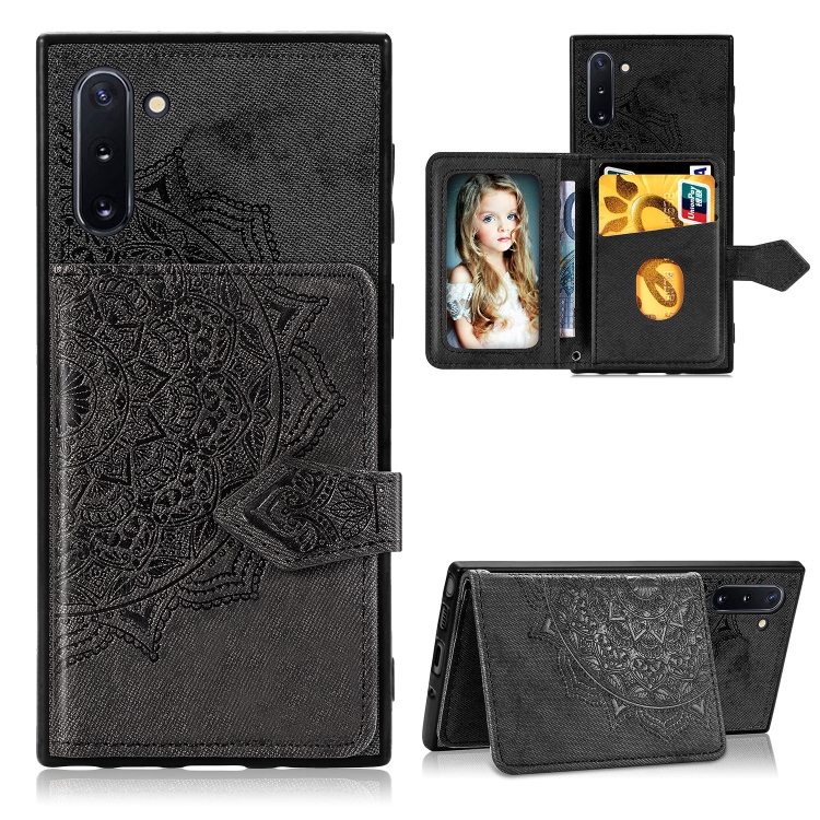 

For Galaxy Note 10 Mandala Embossed Cloth Card Case Mobile Phone Case with Magnetic and Bracket Function with Card Bag / Wallet / Photo Frame Function with Hand Strap(Black)