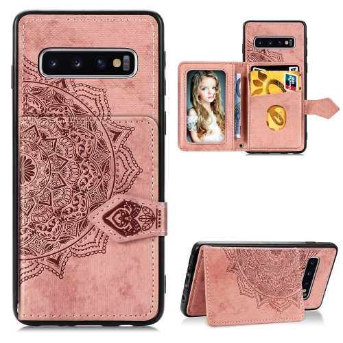 

For Galaxy S10 Plus Mandala Embossed Cloth Card Case Mobile Phone Case with Magnetic and Bracket Function with Card Bag / Wallet / Photo Frame Function with Hand Strap(Rose Gold)