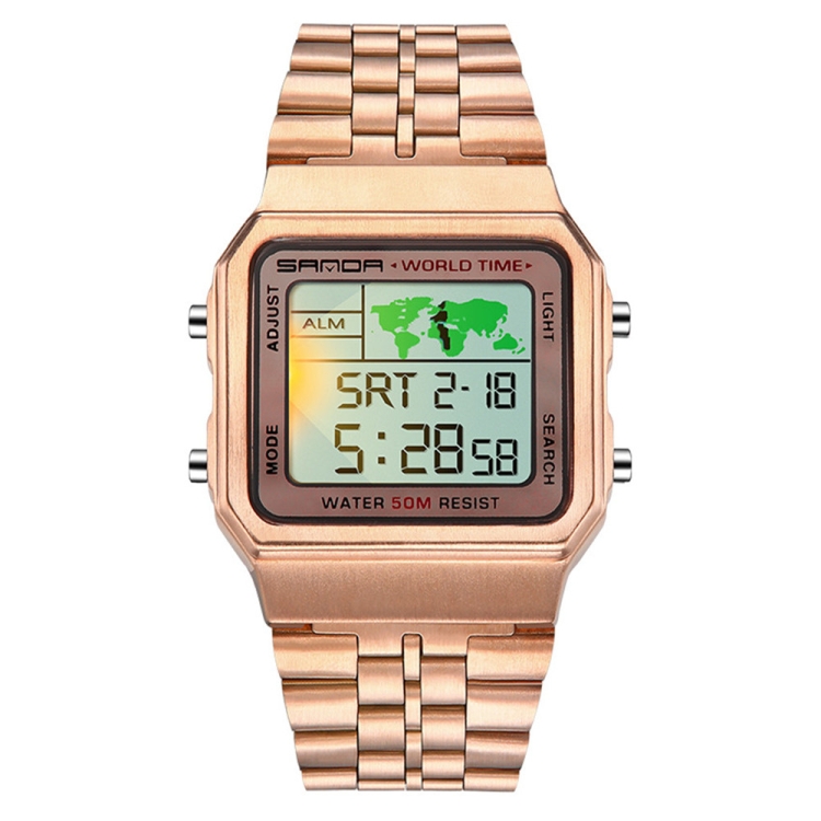 

SANDA 500 Business Fashion Square Flashlight Electronic Watch World Map Multi Functional Male Student Steel Wristwatch(Rose Gold)