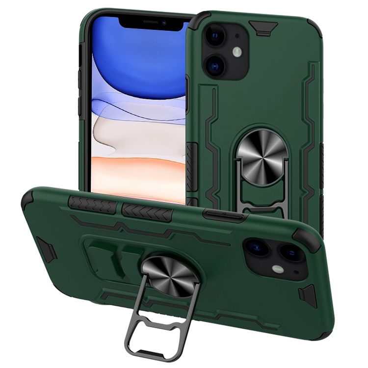 

For iPhone 11 Bear Case Style TPU + PC + Metal Rotating Support 3-in-1 Fall Proof Protective Shell(Olive Color)