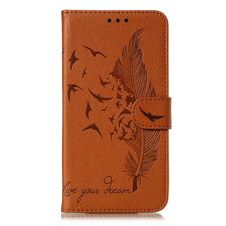 

For Xiaomi Redmi 8A， Litchi Texture Feather Embossing Horizontal Flip Leather Case with Holder & Card Slots & Wallet & Photo Frame & Lanyard(Brown)