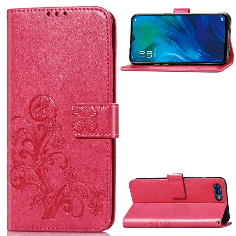 

For OPPO Reno A Four-leaf Clasp Embossed Buckle Mobile Phone Protection Leather Case with Lanyard & Card Slot & Wallet & Bracket Function(Magenta)