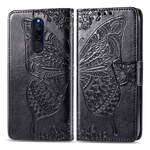 

For Xiaomi Redmi 8 Butterfly Love Flower Embossed Horizontal Flip Leather Case with Bracket Lanyard Card Slot Wallet(Black)