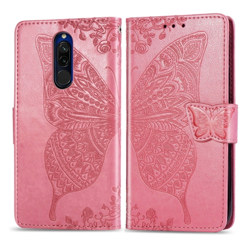 

For Xiaomi Redmi 8 Butterfly Love Flower Embossed Horizontal Flip Leather Case with Bracket Lanyard Card Slot Wallet(Pink)