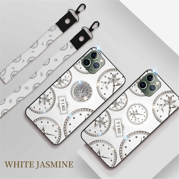 

For iPhone 11 Pro Max Fashion Clock Pattern Rhinestone Mobile Phone Shell with Bracket / Hand Rope / Lanyard(White)