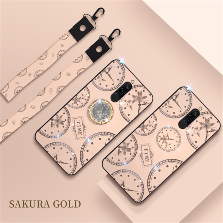 

For Xiaomi Redmi 8 Fashion Clock Pattern Rhinestone Mobile Phone Shell with Bracket / Hand Rope / Lanyard(Rose Gold)