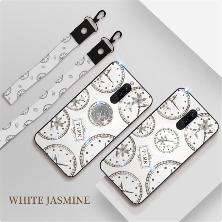 

For Xiaomi Redmi 8 Fashion Clock Pattern Rhinestone Mobile Phone Shell with Bracket / Hand Rope / Lanyard(White)