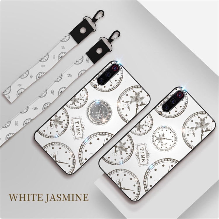 

For Xiaomi CC9/A3 Lite Fashion Clock Pattern Rhinestone Mobile Phone Shell with Bracket / Hand Rope / Lanyard(White)