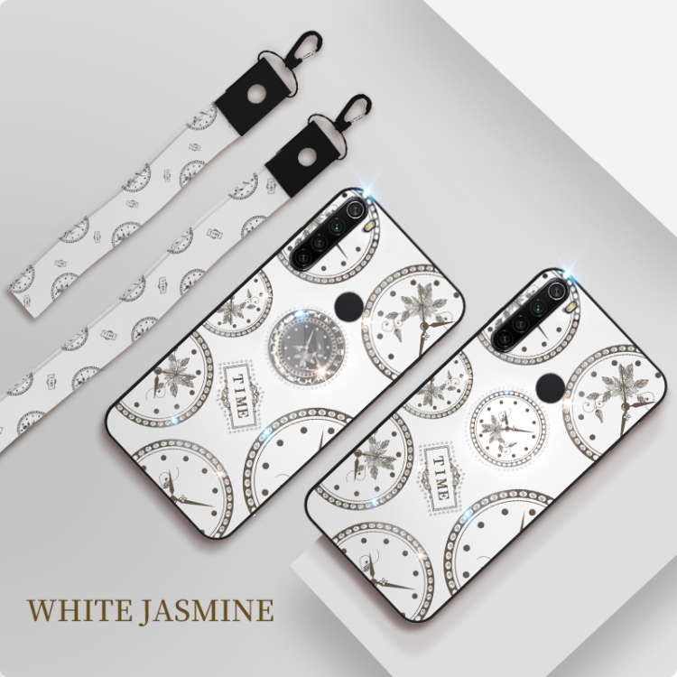 

For Xiaomi Redmi Note8 Fashion Clock Pattern Rhinestone Mobile Phone Shell with Bracket / Hand Rope / Lanyard(White)