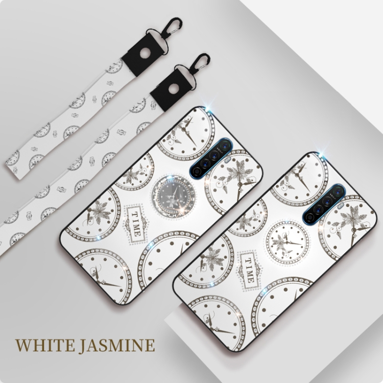 

For OPPO Reno ACE / Realme X2 Pro Fashion Clock Pattern Rhinestone Mobile Phone Shell with Bracket / Hand Rope / Lanyard(White)
