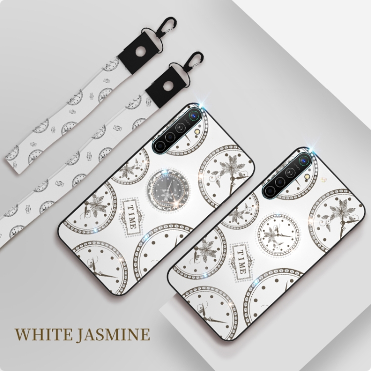 

For OPPO Realme XT Fashion Clock Pattern Rhinestone Mobile Phone Shell with Bracket / Hand Rope / Lanyard(White)