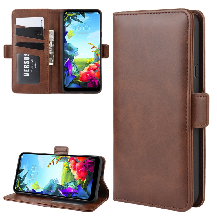 

For LG K40S Double Buckle Crazy Horse Business Mobile Phone Holster with Card Wallet Bracket Function(Brwon)
