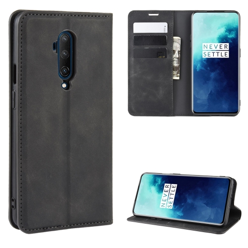 

For OnePlus 7T Pro Retro-skin Business Magnetic Suction Leather Case with Purse-Bracket-Chuck(Black)