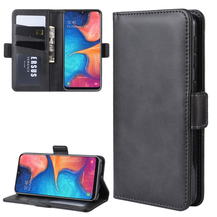 

For Galaxy A20e Double Buckle Crazy Horse Business Mobile Phone Holster with Card Wallet Bracket Function(Black)