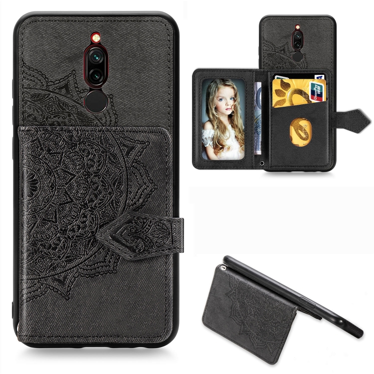 

For Xiaomi Redmi 8 Mandala Embossed Magnetic Cloth PU + TPU + PC Case with Holder & Card Slots & Wallet & Photo Frame & Strap(Black)