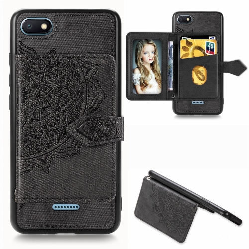 

For Xiaomi Redmi 6A Mandala Embossed Magnetic Cloth PU + TPU + PC Case with Holder & Card Slots & Wallet & Photo Frame & Strap(Black)